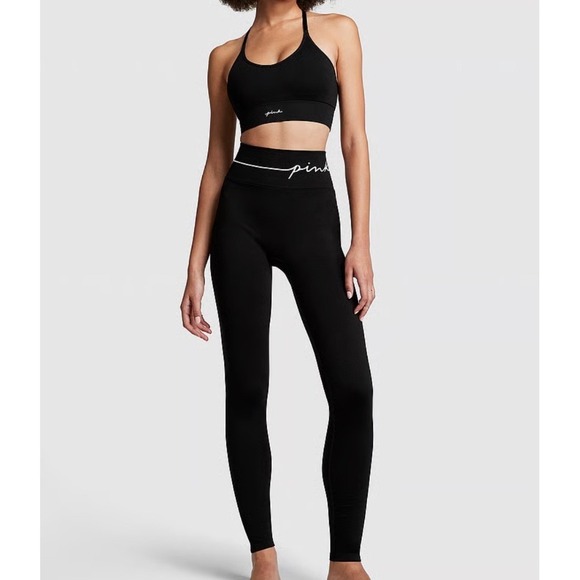 PINK Seamless Classic Leggings Black High‎ Rise Large Booty Boost Ribbed Detail - Picture 9 of 10